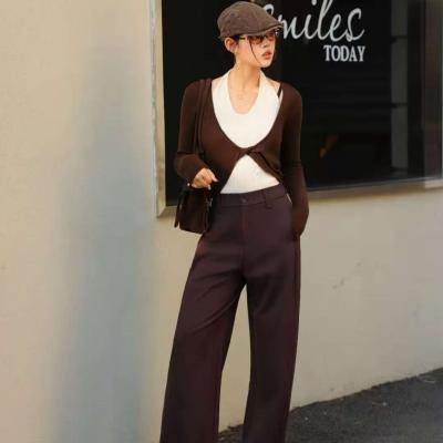 Women's 3-Piece Brown Knit Halter Top & Cardigan Wide Leg Pants Set